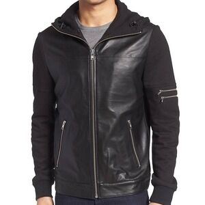 Lamarque Mens M Black Leather Hoodie Moto Jacket Zip Pockets Streetwear Premium